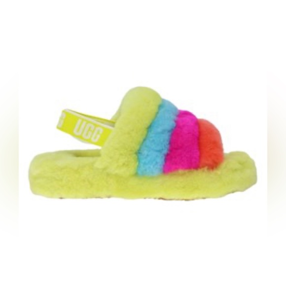 UGG Youth Girls Fluff Yeah Neon Rainbow Slipper Size